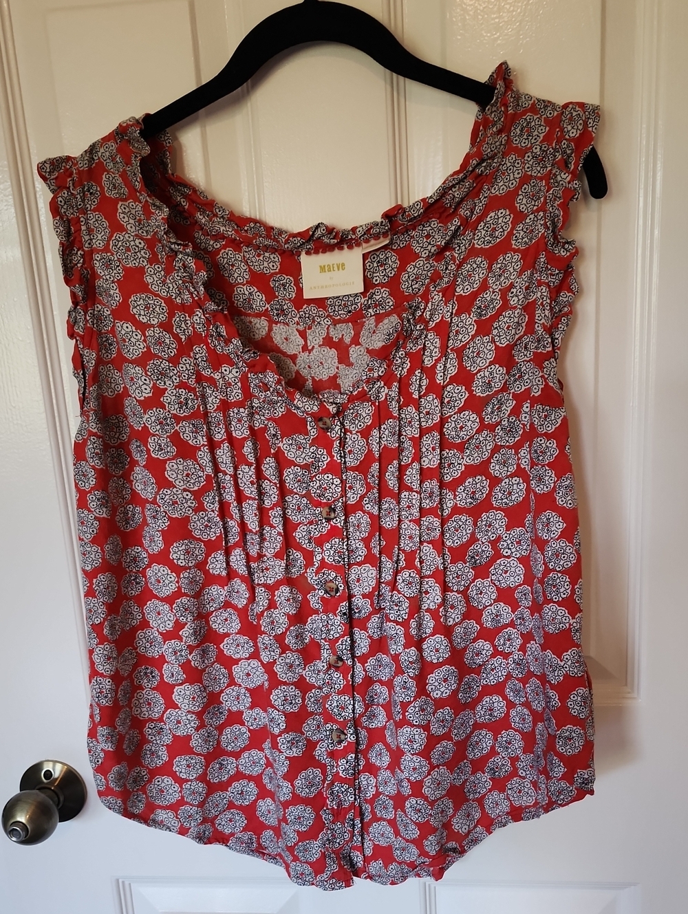Anthropologie Maeve Red Floral-Print Sleeveless Button-Front Blouse